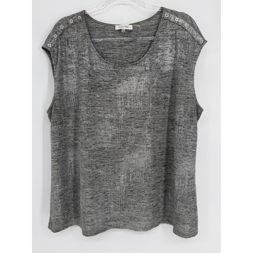 Calvin Klein Womens Sz 2X Silver Foil Metallic Shoulder Button Sleeveless Top